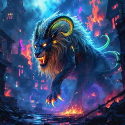 Primary subject: A large, blue, horned creature with a ferocious expression, standing in a dark, purple-lit environment.

Setting/background: The creature is standing in a dark, purple-lit environment, with a cityscape visible in the background.

Visual style: The image is a digital art or illustration, featuring a detailed and vivid representation of the creature.

Colors and mood: The dominant colors are purple and blue, creating a moody and dramatic atmosphere